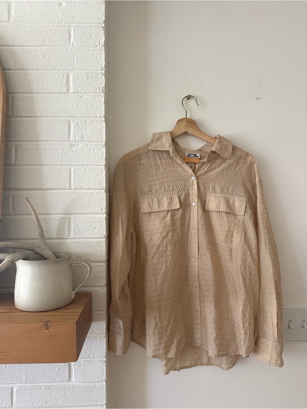 Light Beige Women's Button-Down Shirt with Chest Pockets
